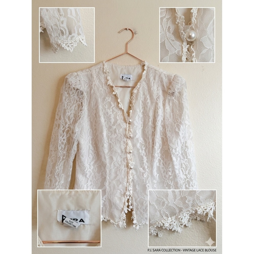 Patra Vintage Lace Blouse Size 6‎ Ivory Vintage Pearl Button Scalloped Trim Top